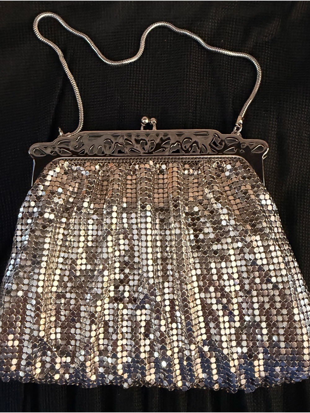 Vintage 1950s Whiting & Davis Silver Mesh Evening Bag with Ornate Openwork Frame